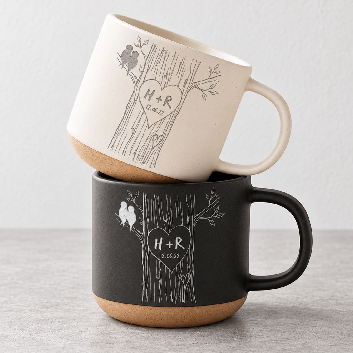 Personalized Engraved Pottery Mug For Couple, Wedding Gift, Custom Carved Initials In A Heart Tree Mug, Engagement Gifts, Newlywed Gift