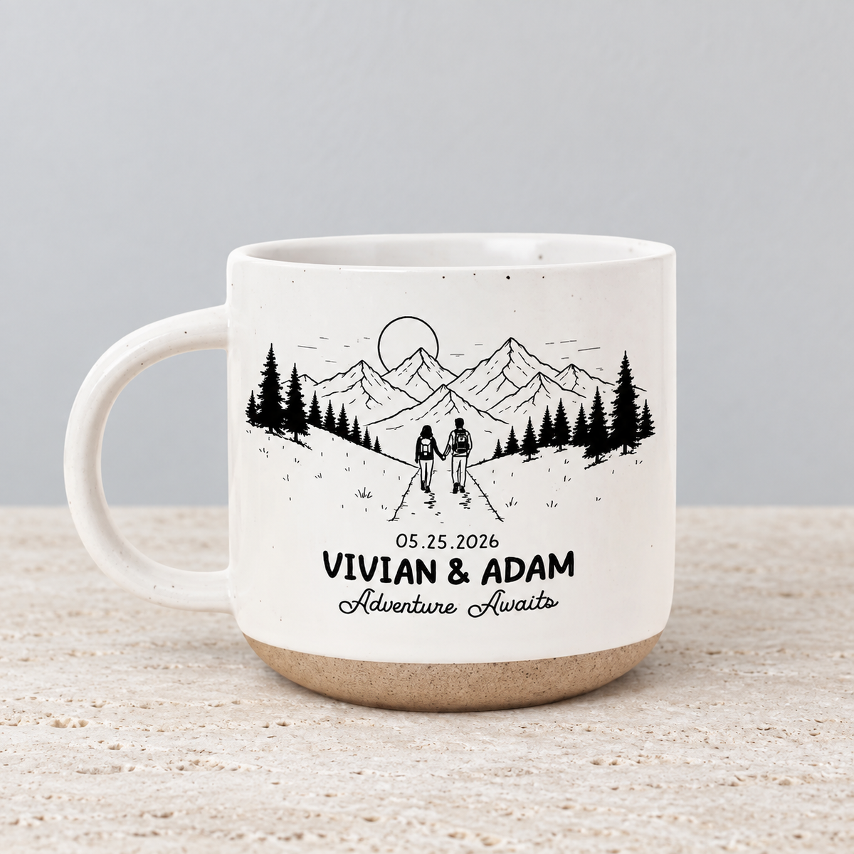 Personalized Engraved Bride & Groom Mountain Romantic Pottery Mug, Newlywed Anniversary Present for Outdoorsy Couple, Unique Engagement Gift