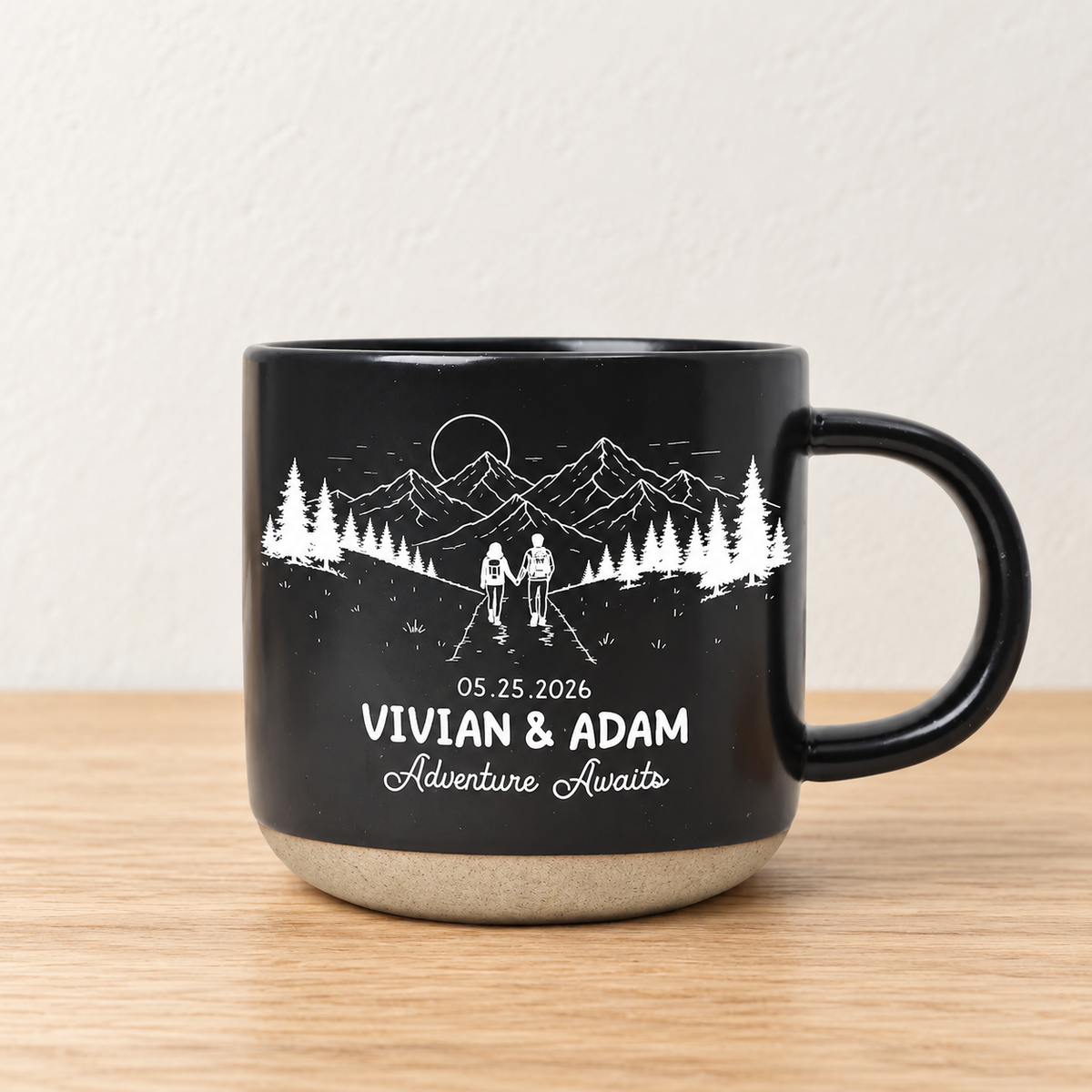 Personalized Engraved Bride & Groom Mountain Romantic Pottery Mug, Newlywed Anniversary Present for Outdoorsy Couple, Unique Engagement Gift