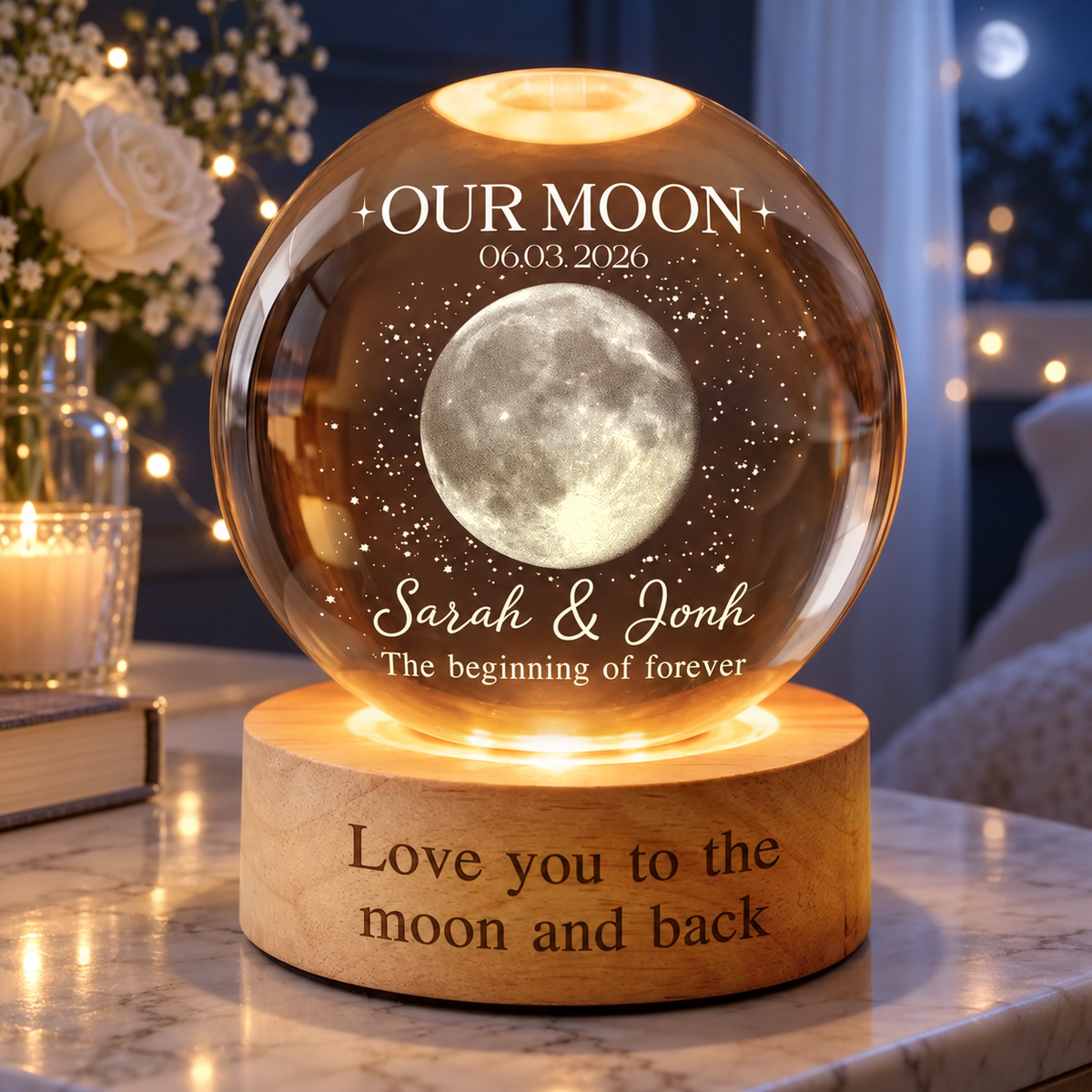 Personalised Moon Phase Lamp Gift for Couple, Custom Moon Phase Crystal Ball Night Light, Wedding Anniversary, Special Date, Couple Gifts
