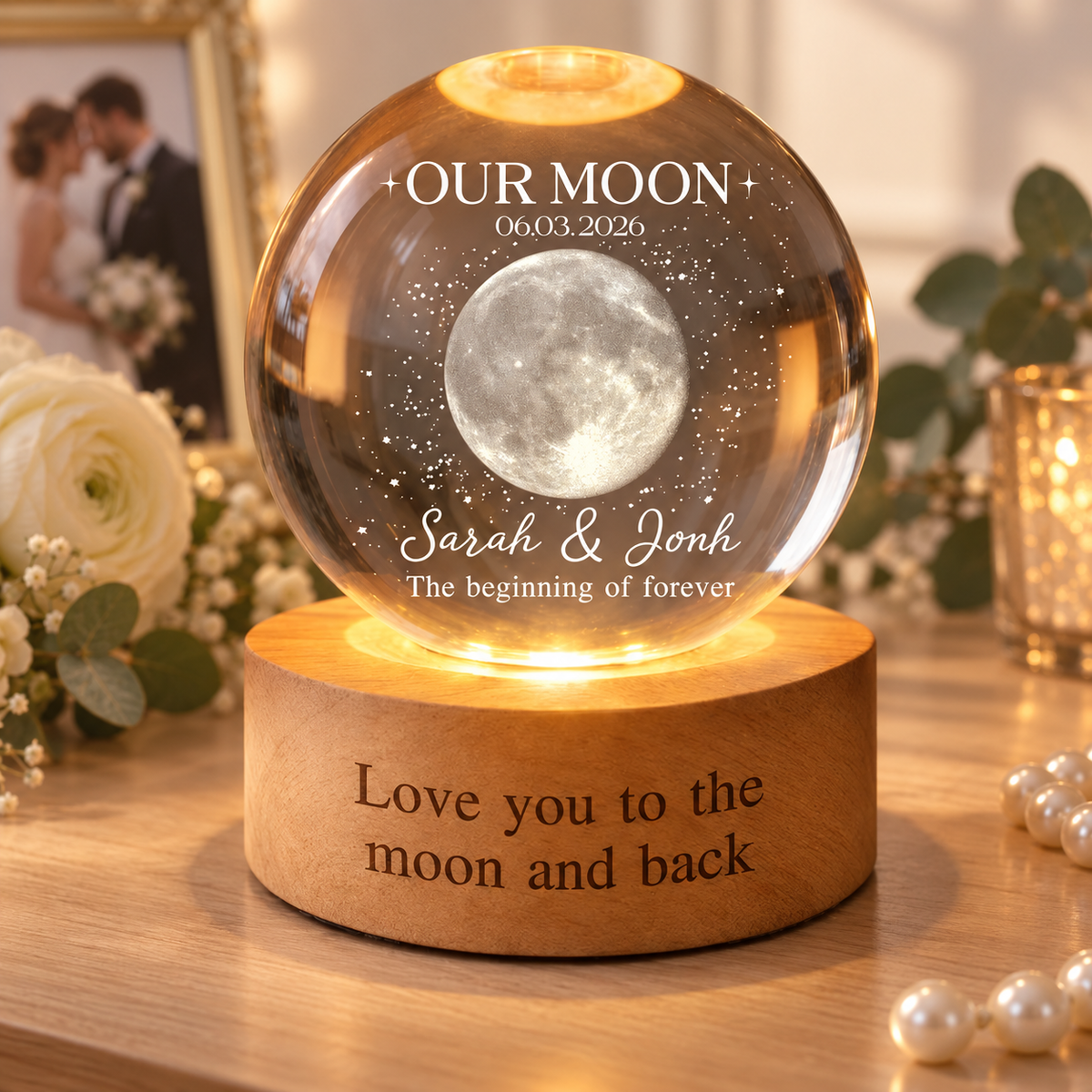 Personalised Moon Phase Lamp Gift for Couple, Custom Moon Phase Crystal Ball Night Light, Wedding Anniversary, Special Date, Couple Gifts