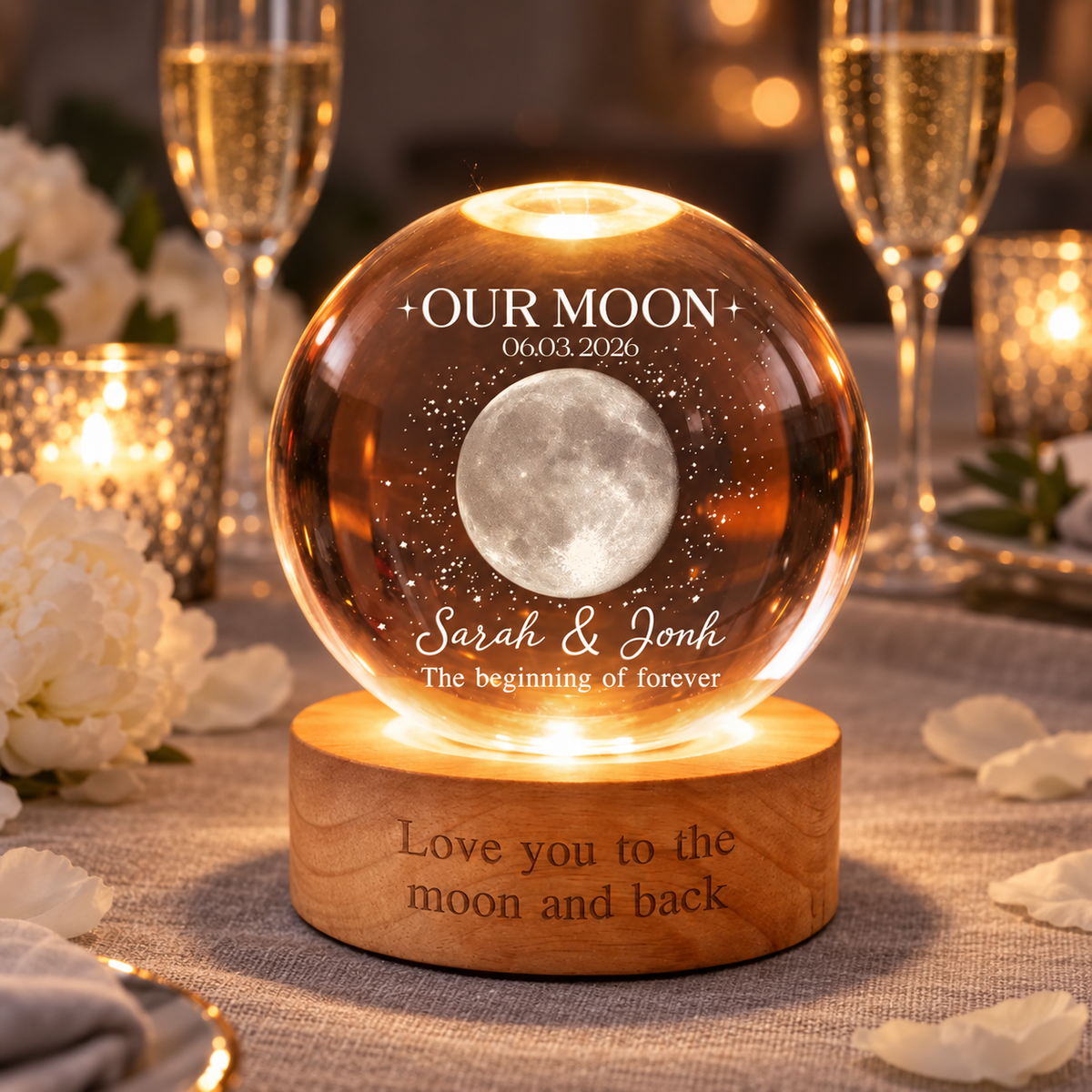 Personalised Moon Phase Lamp Gift for Couple, Custom Moon Phase Crystal Ball Night Light, Wedding Anniversary, Special Date, Couple Gifts
