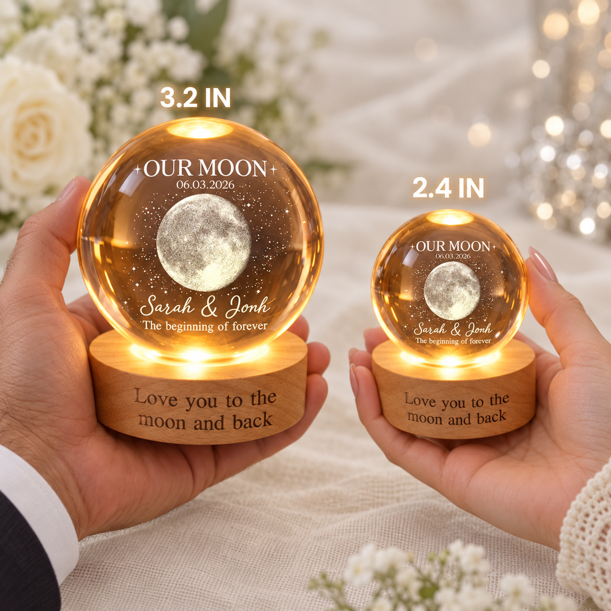 Personalised Moon Phase Lamp Gift for Couple, Custom Moon Phase Crystal Ball Night Light, Wedding Anniversary, Special Date, Couple Gifts