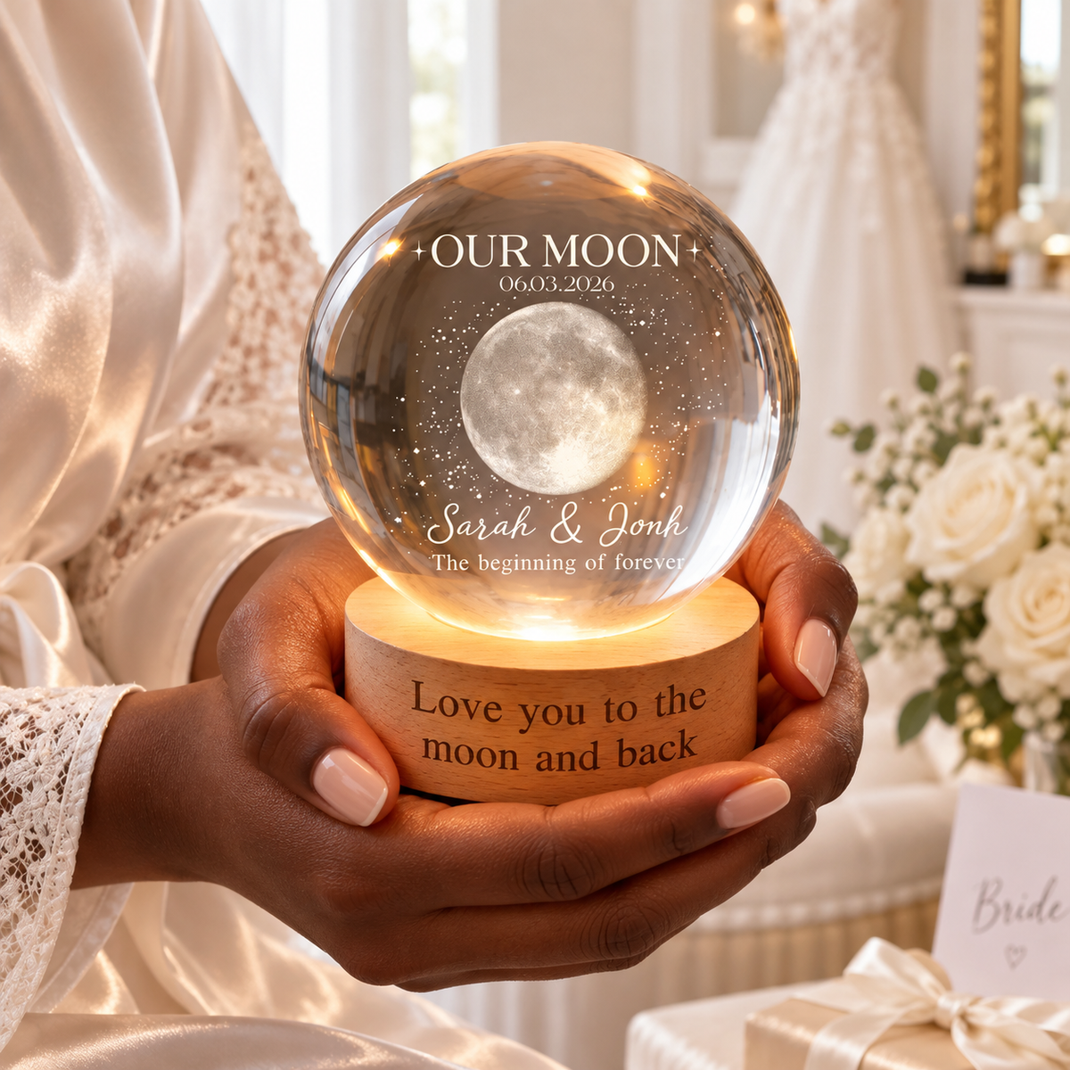 Personalised Moon Phase Lamp Gift for Couple, Custom Moon Phase Crystal Ball Night Light, Wedding Anniversary, Special Date, Couple Gifts