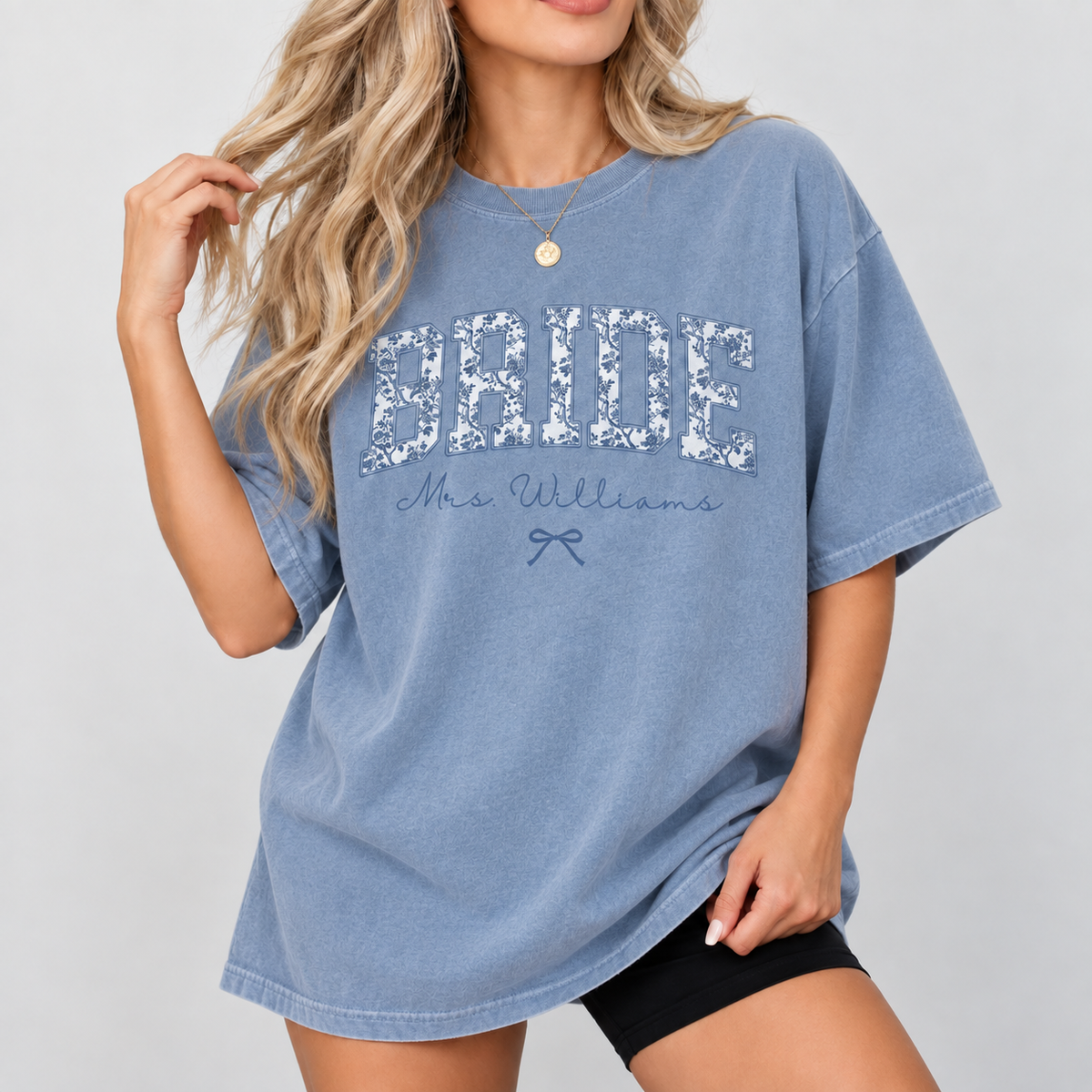 Custom Blue Toile Bride Shirt, Personalized Mrs Name Tee, Chinoiserie Bride Shirt, Bridal Shower Gift