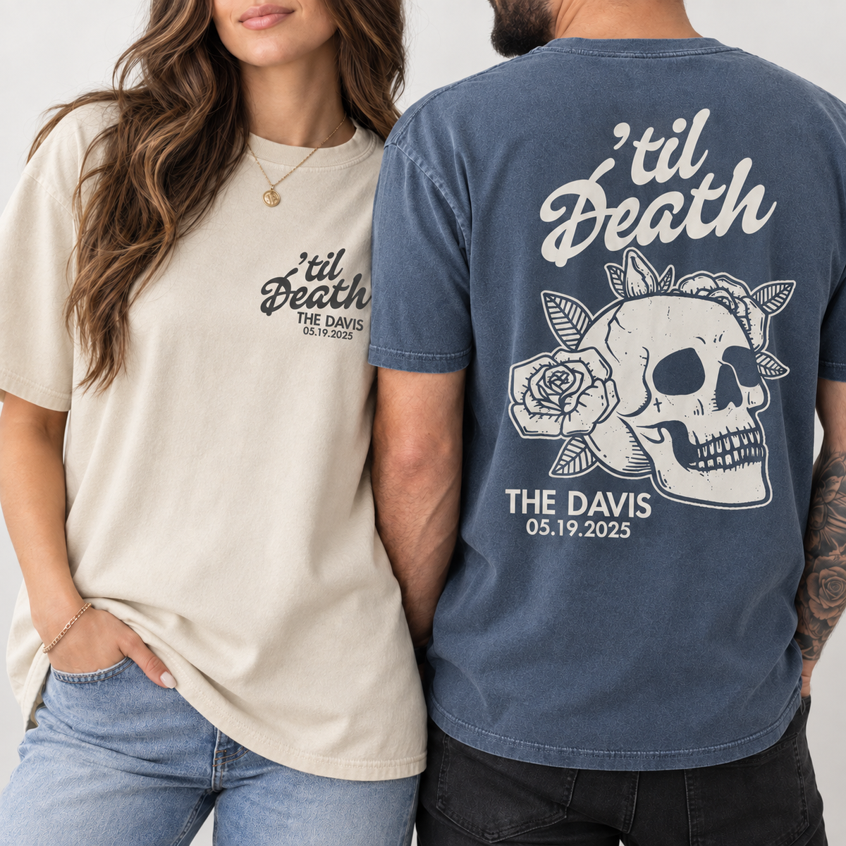 Personalized ’Til Death Skeleton Bride Wedding Shirt, Gothic Married Couple Shirt, Wedding Date Newlywed Tee