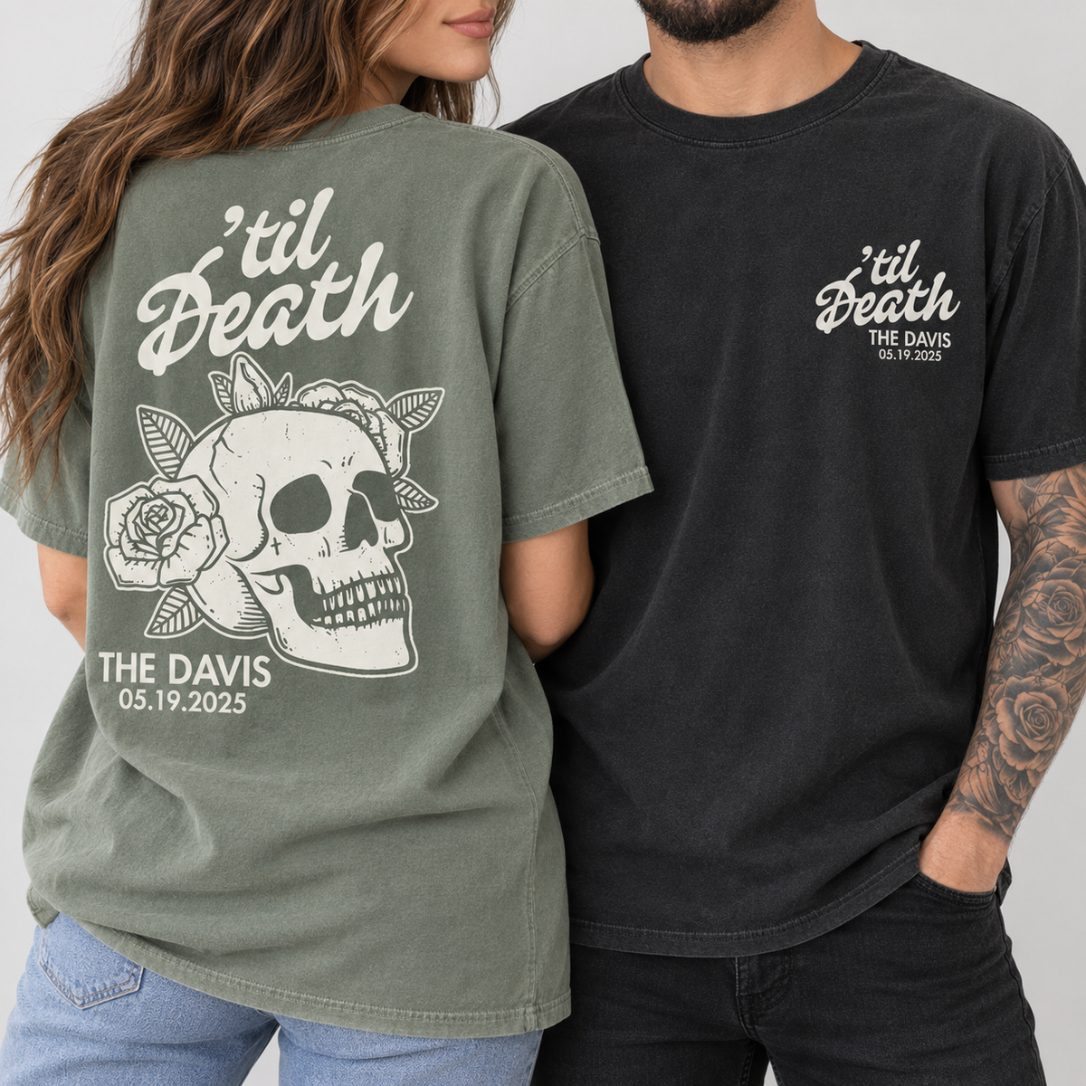Personalized ’Til Death Skeleton Bride Wedding Shirt, Gothic Married Couple Shirt, Wedding Date Newlywed Tee