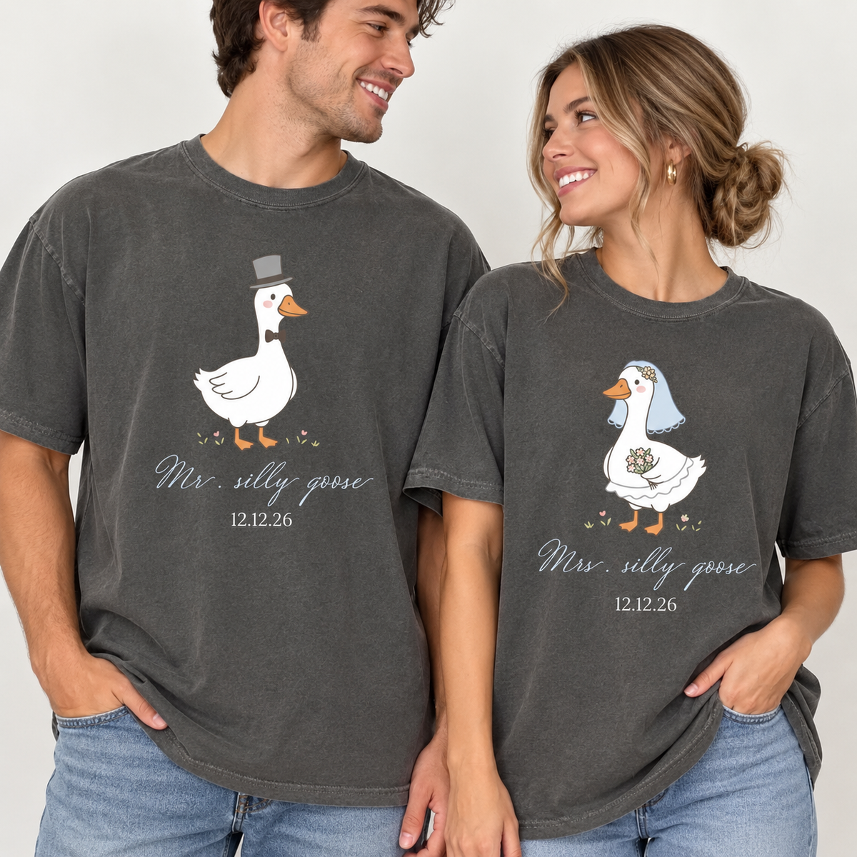 Matching Mr. & Mrs. Silly Goose Shirts, Bride and Groom Honeymoon Tees, Custom Date Wedding Gift