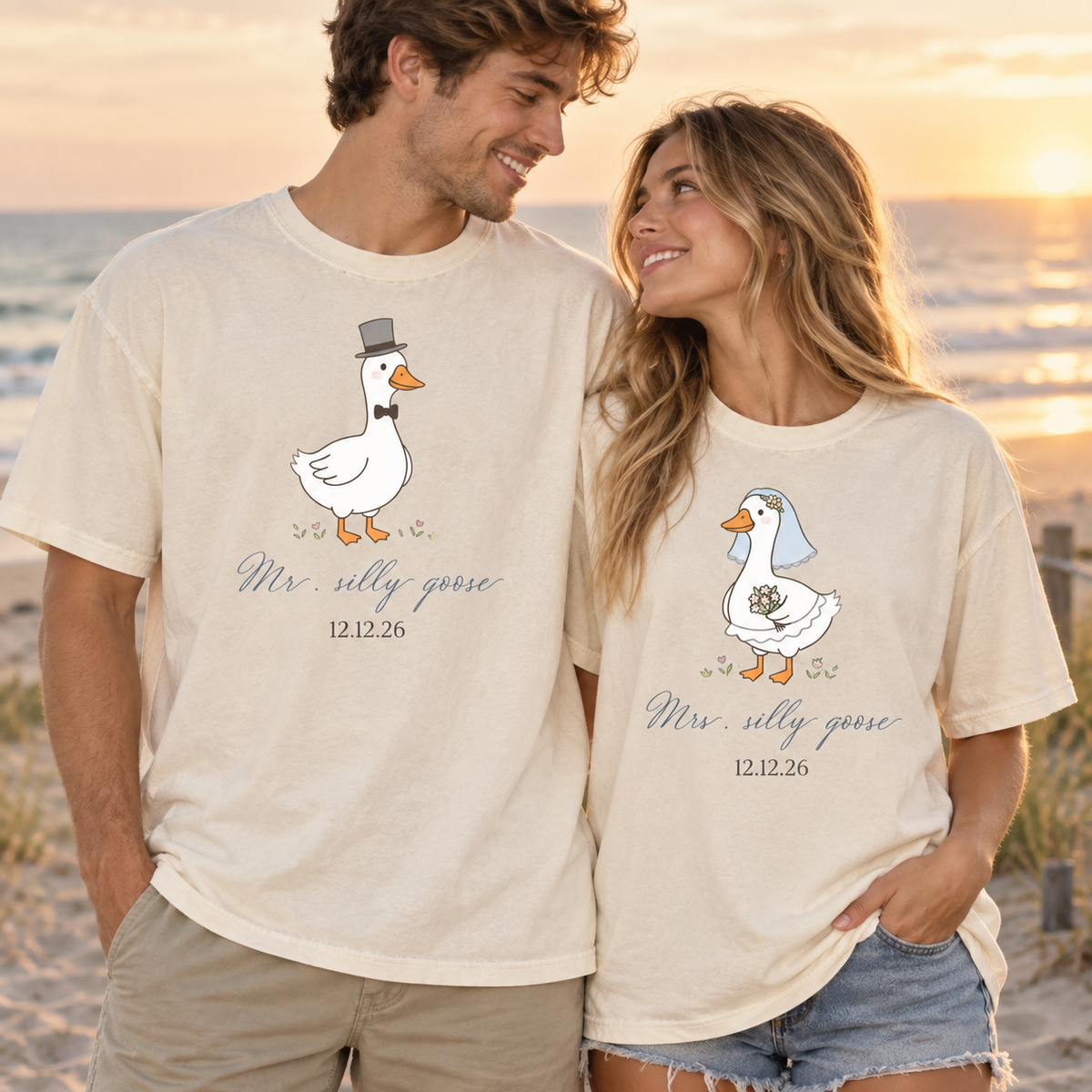 Matching Mr. & Mrs. Silly Goose Shirts, Bride and Groom Honeymoon Tees, Custom Date Wedding Gift
