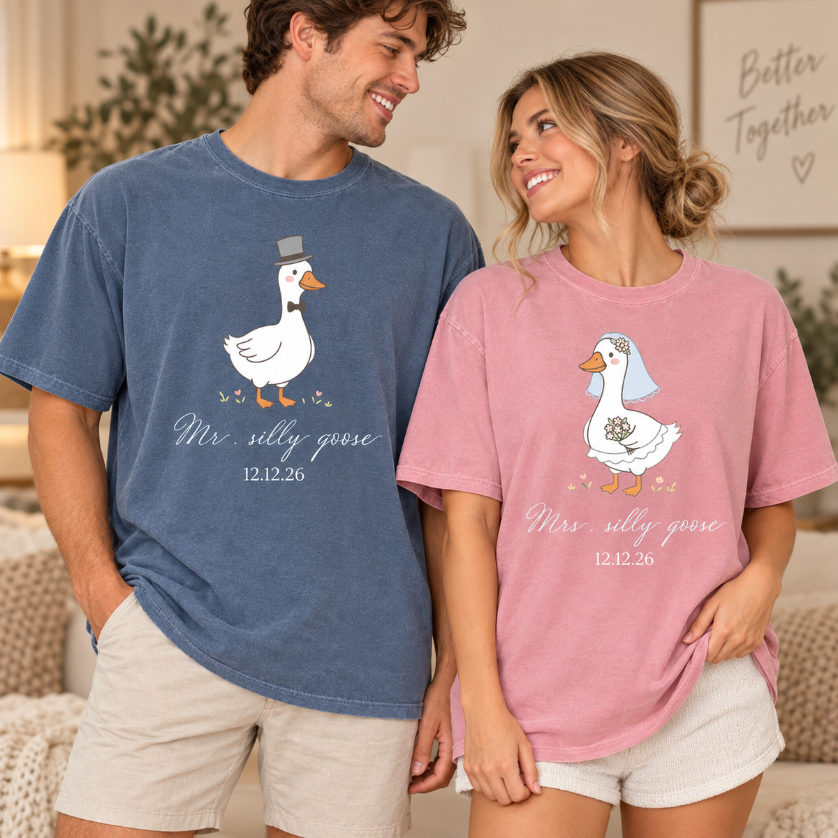 Matching Mr. & Mrs. Silly Goose Shirts, Bride and Groom Honeymoon Tees, Custom Date Wedding Gift