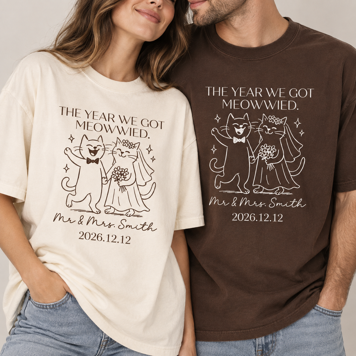Personalized The Year We Got Meowied Shirt, Personalized Cat Wedding Tee, Funny Newlywed Couple Gift