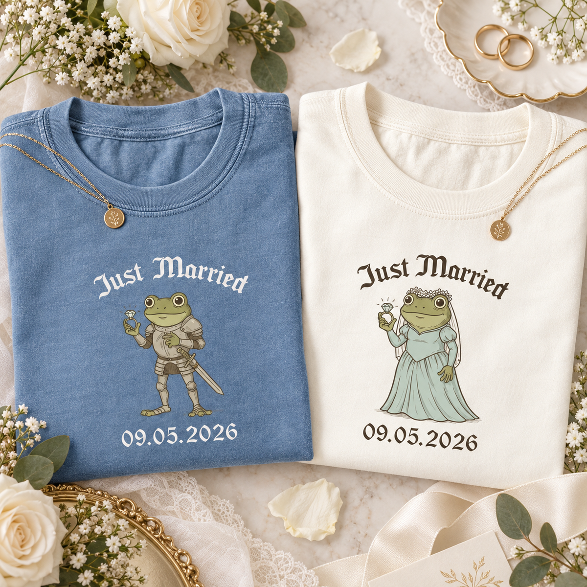 Personalized Just Married Frog Shirts, Matching Bride & Groom Tees, Newlywed Wedding Couple Gift