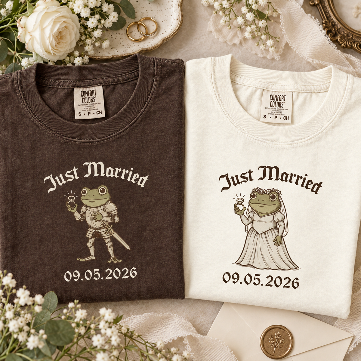 Personalized Just Married Frog Shirts, Matching Bride & Groom Tees, Newlywed Wedding Couple Gift