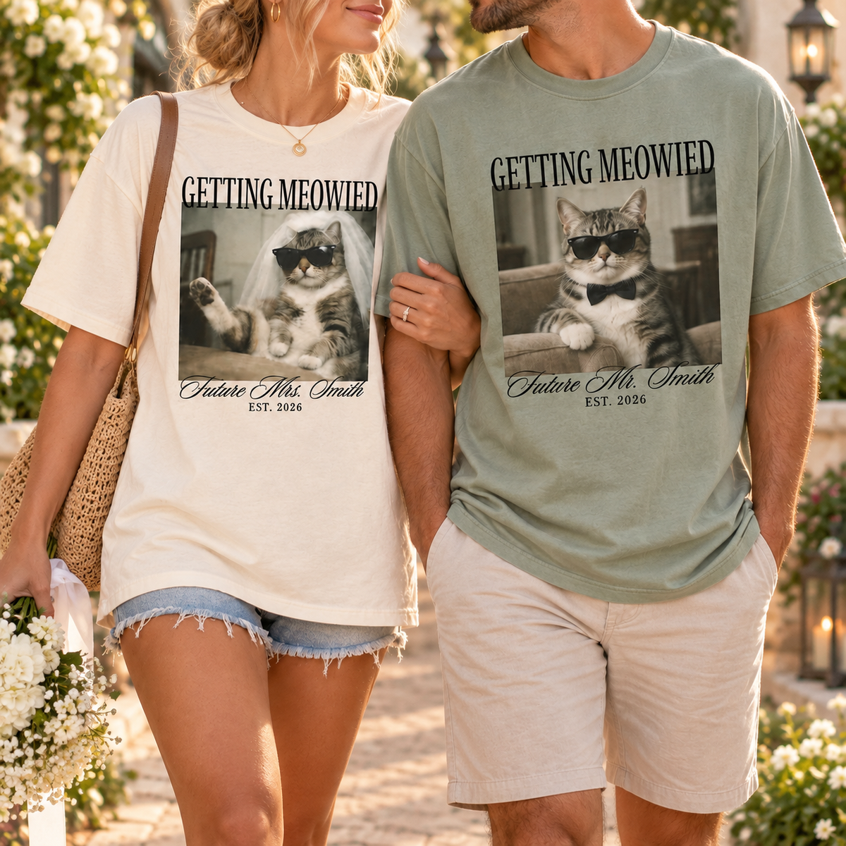 Matching Getting Meowied Future Mr & Mrs Shirts, Funny Cat Engagement Couple Tees, Bride and Groom Gift