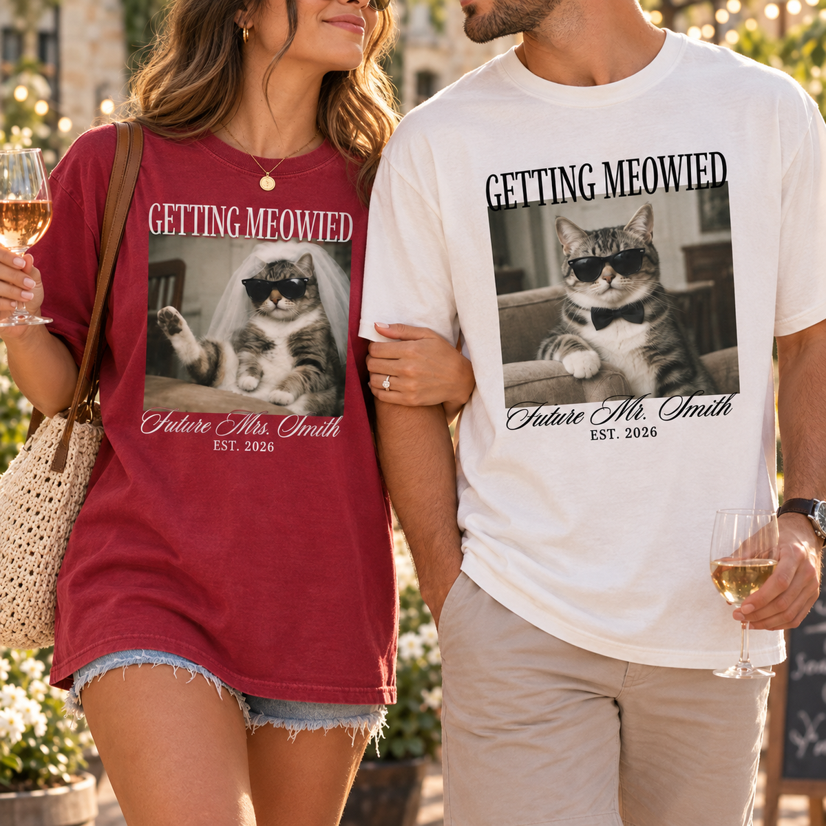 Matching Getting Meowied Future Mr & Mrs Shirts, Funny Cat Engagement Couple Tees, Bride and Groom Gift