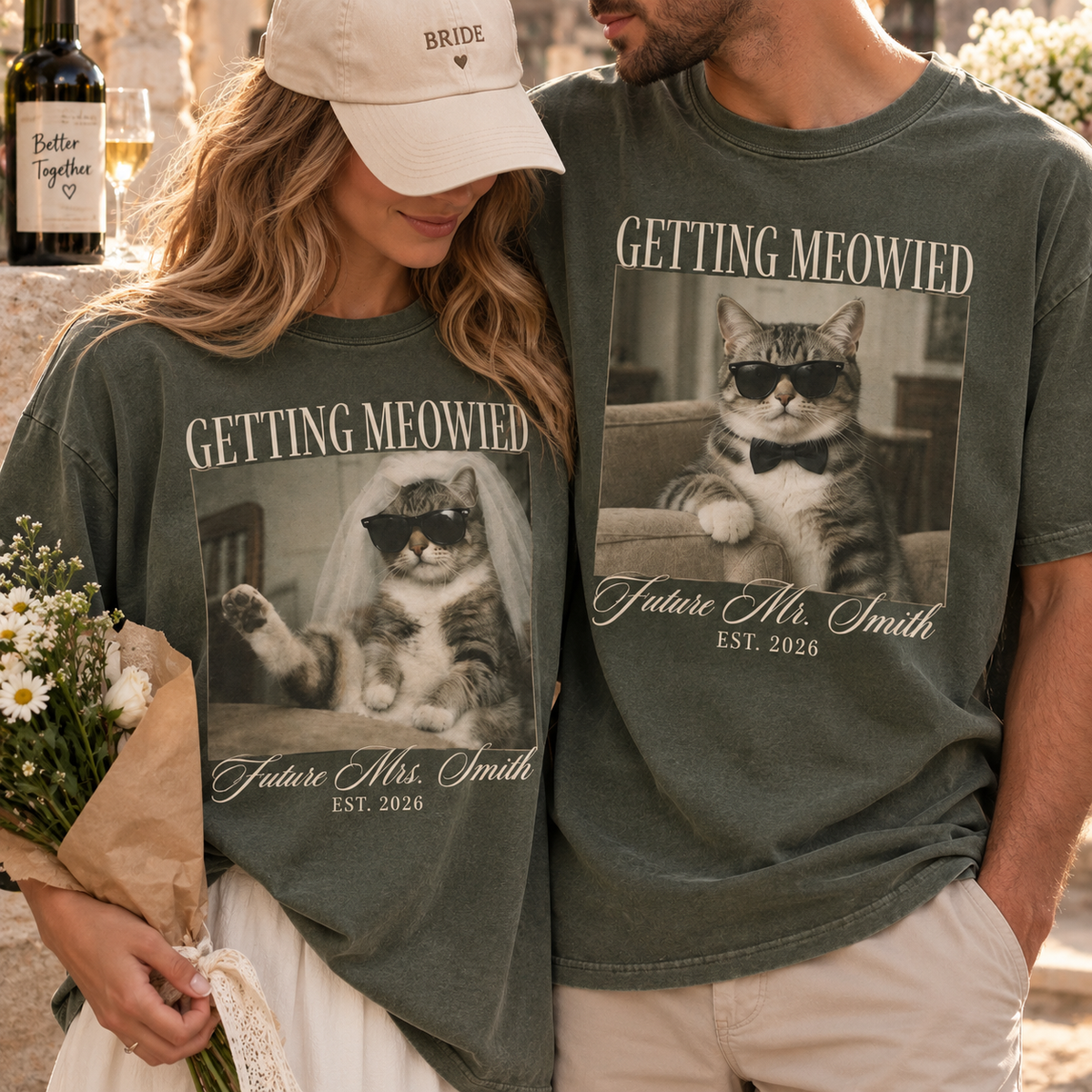 Matching Getting Meowied Future Mr & Mrs Shirts, Funny Cat Engagement Couple Tees, Bride and Groom Gift