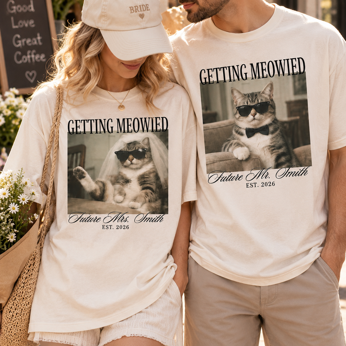 Matching Getting Meowied Future Mr & Mrs Shirts, Funny Cat Engagement Couple Tees, Bride and Groom Gift