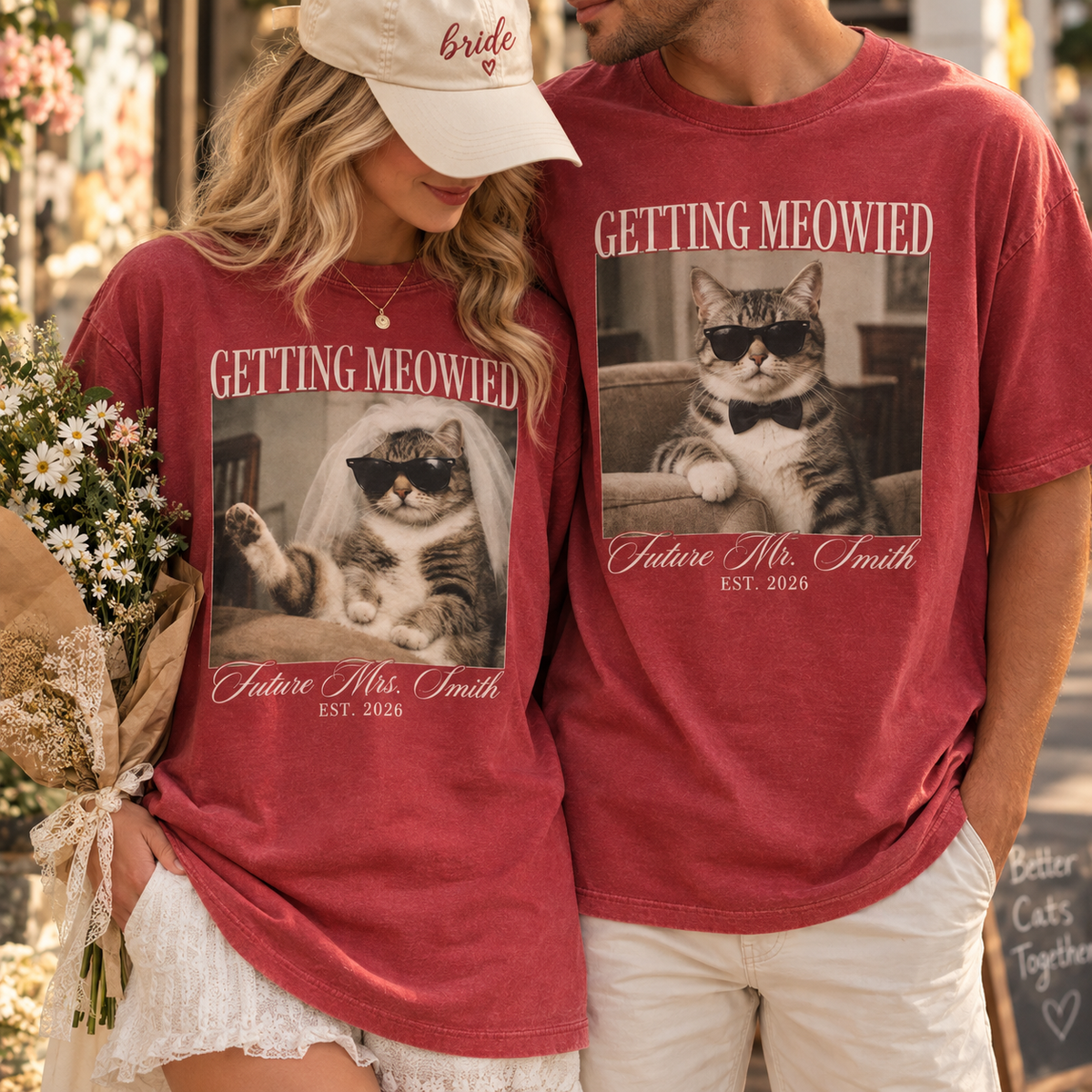 Matching Getting Meowied Future Mr & Mrs Shirts, Funny Cat Engagement Couple Tees, Bride and Groom Gift