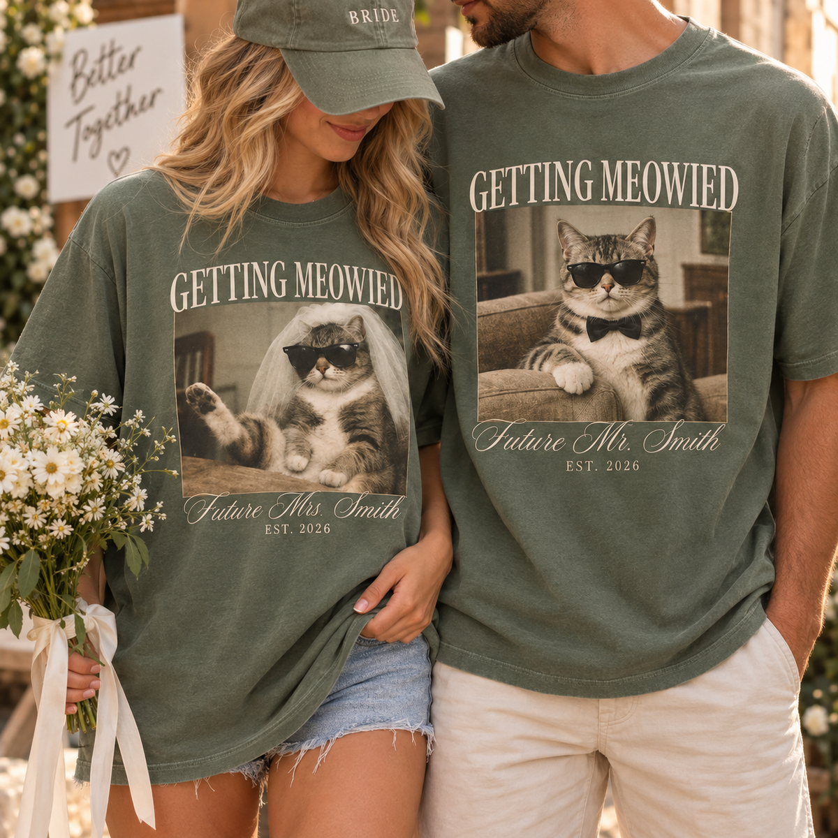 Matching Getting Meowied Future Mr & Mrs Shirts, Funny Cat Engagement Couple Tees, Bride and Groom Gift
