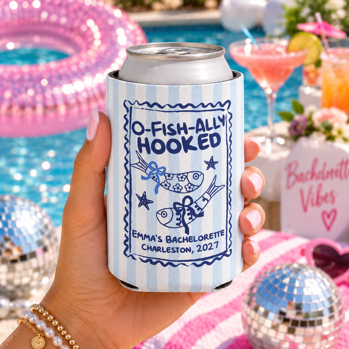 Ofishally Hooked Bachelorette Can Cooler, Personalized Fish Bach Party Favor, Coquette Beach Weekend Drink Sleeve