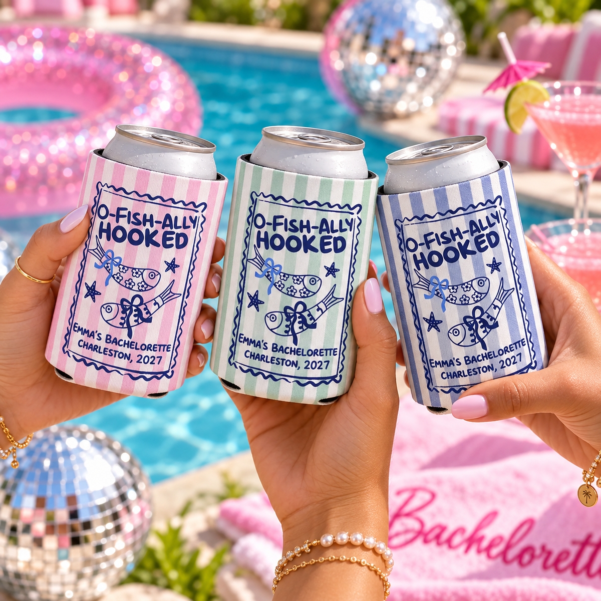 Ofishally Hooked Bachelorette Can Cooler, Personalized Fish Bach Party Favor, Coquette Beach Weekend Drink Sleeve