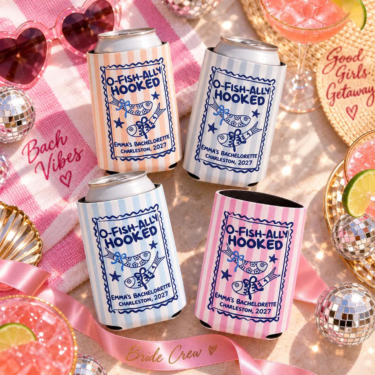 Ofishally Hooked Bachelorette Can Cooler, Personalized Fish Bach Party Favor, Coquette Beach Weekend Drink Sleeve