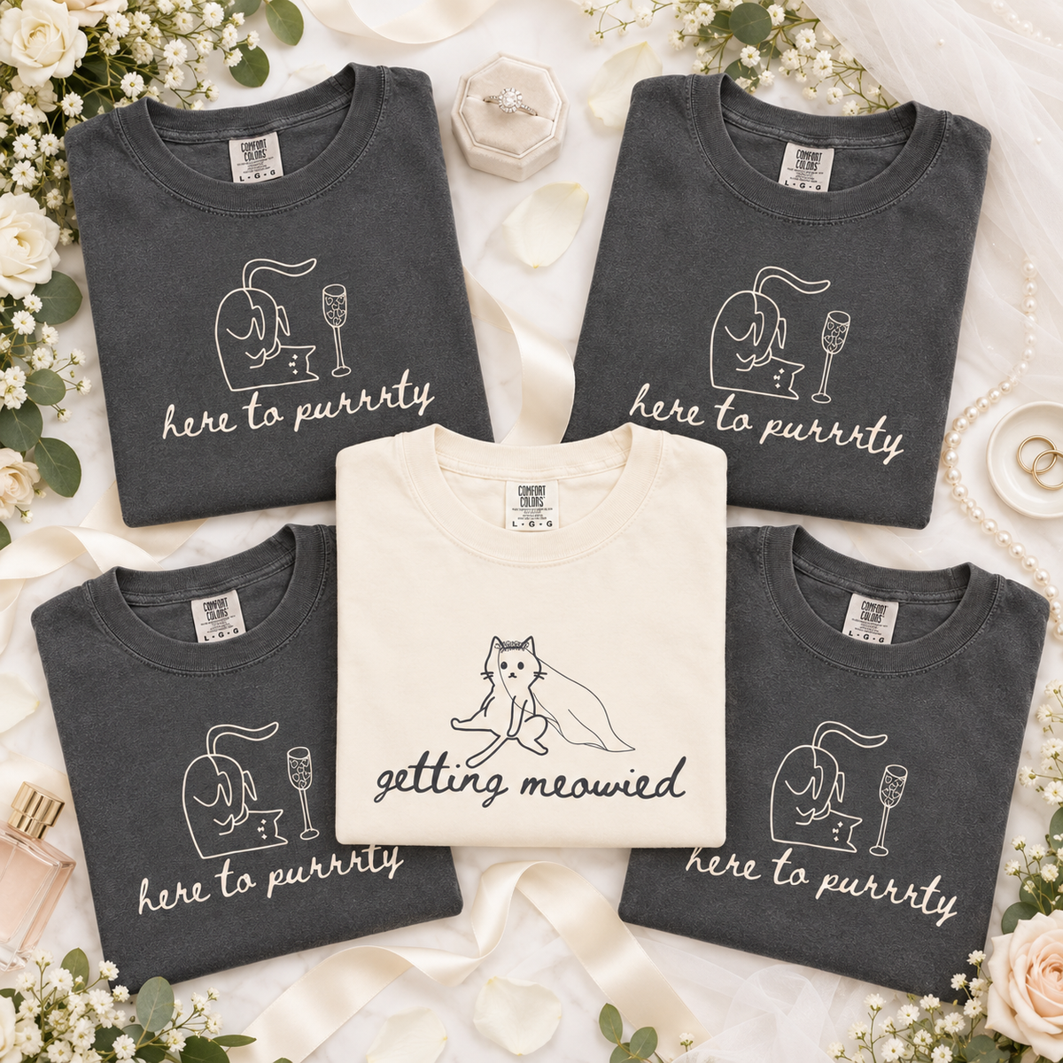 Getting Meowied Cat Bachelorette Shirts, Here to Purrty Bride & Crew Tees, Cat Lover Bridal Party Gift