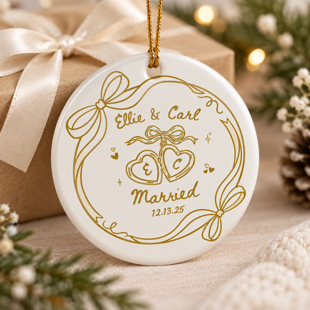 Personalized Engagement Ornament, Custom Couple Names & Date Ceramic Keepsake, Wedding & Newlywed Gift
