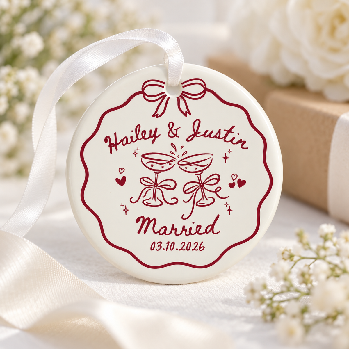 Personalized Engagement Ornament, Custom Couple Names & Date Ceramic Keepsake, Wedding & Newlywed Gift
