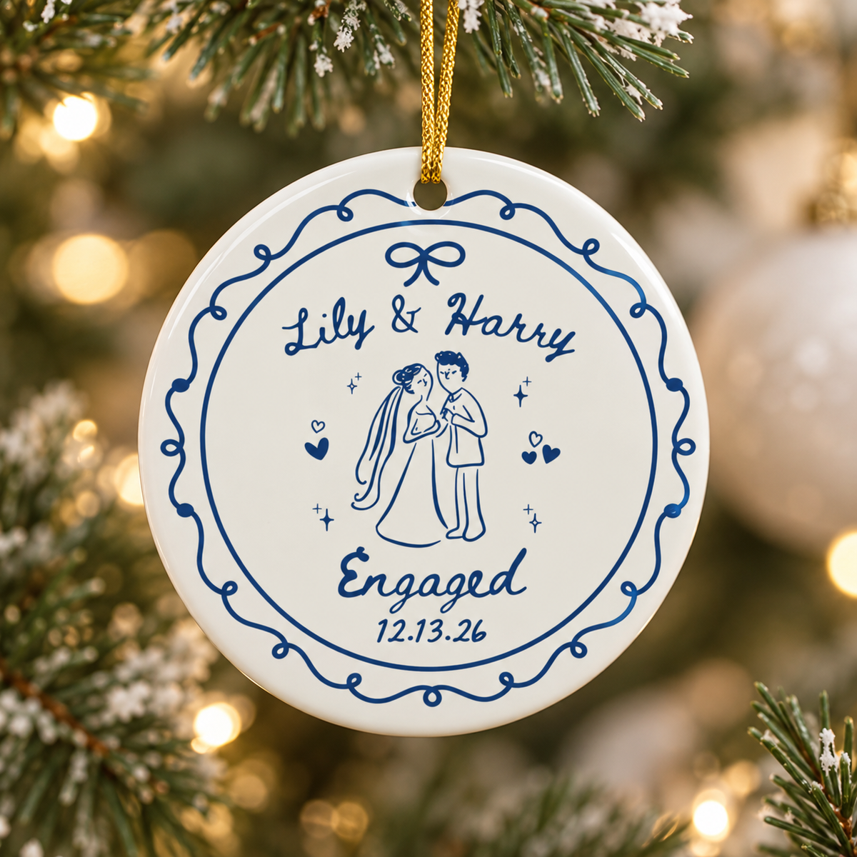 Personalized Engagement Ornament, Custom Couple Names & Date Ceramic Keepsake, Wedding & Newlywed Gift