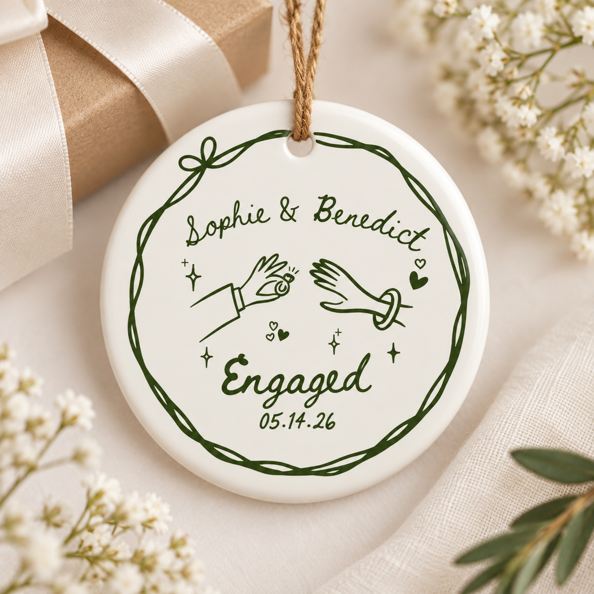 Personalized Engagement Ornament, Custom Couple Names & Date Ceramic Keepsake, Wedding & Newlywed Gift