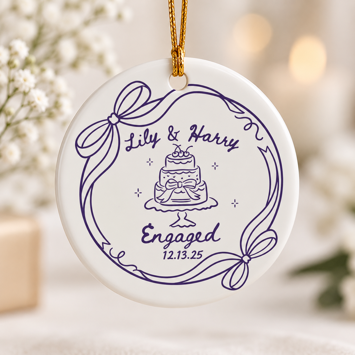 Personalized Engagement Ornament, Custom Couple Names & Date Ceramic Keepsake, Wedding & Newlywed Gift