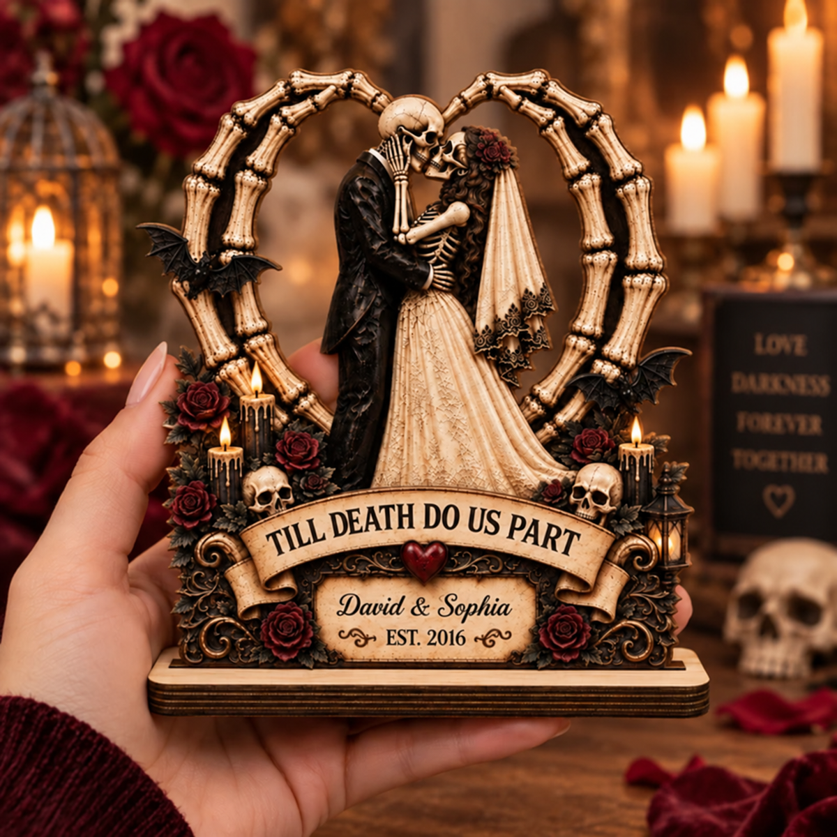 Till Death Do Us Part Custom Wood Plaque, Personalized Skeleton Couple Wedding Gift, Gothic Anniversary Keepsake