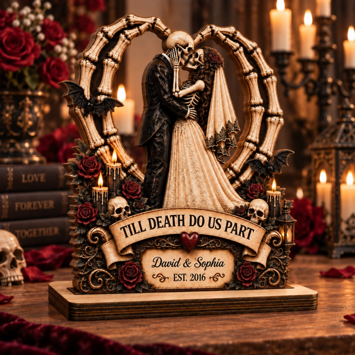 Till Death Do Us Part Custom Wood Plaque, Personalized Skeleton Couple Wedding Gift, Gothic Anniversary Keepsake