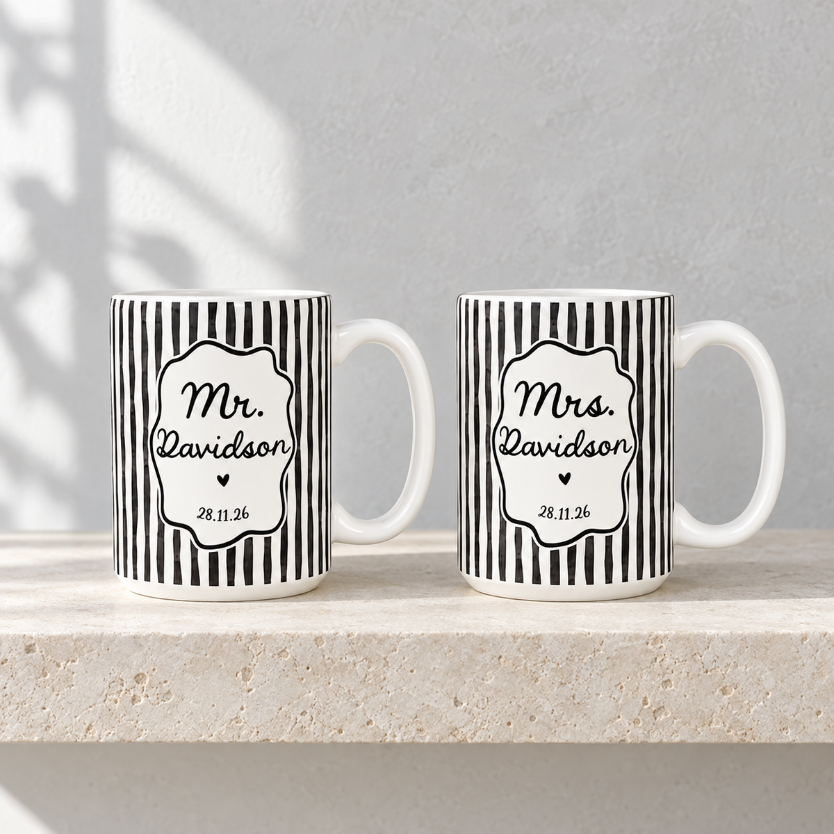 Personalized Mr Mrs Stripe Mug, Engagement Mug, Newly Engaged Gift, Bride Groom Mugs, Custom Wedding Mugs, Anniversary Gift, His Hers Mugs