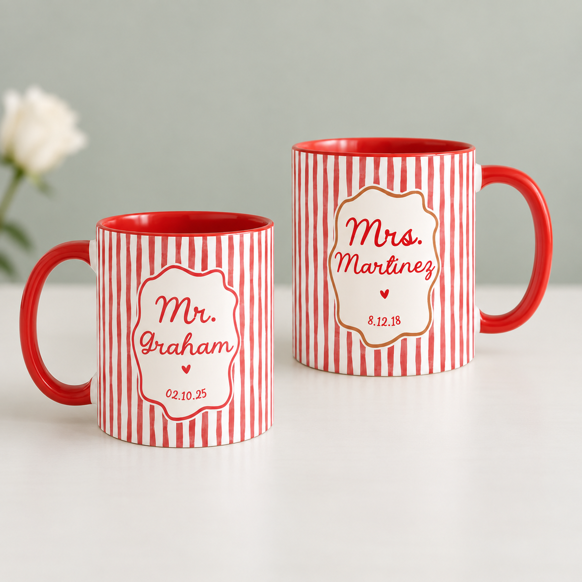 Personalized Mr Mrs Stripe Mug, Engagement Mug, Newly Engaged Gift, Bride Groom Mugs, Custom Wedding Mugs, Anniversary Gift, His Hers Mugs