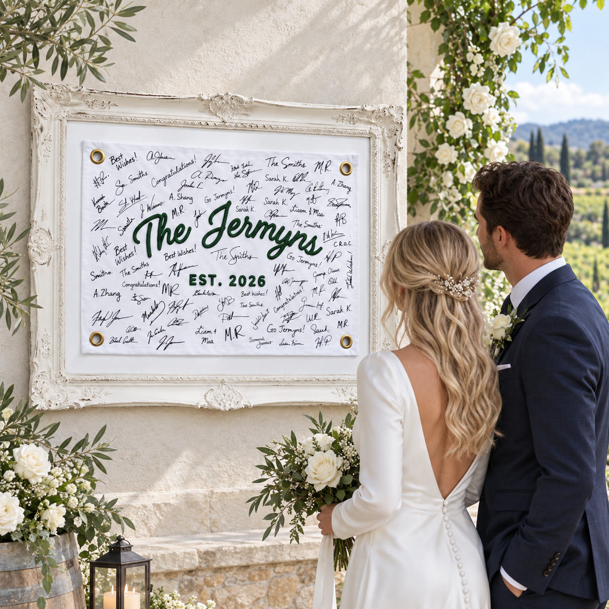 Custom Last-Name Guest-Book Alternative, Personalized Wedding Flag, Established Family Canvas Reception Sign Decor, Last Name Banner