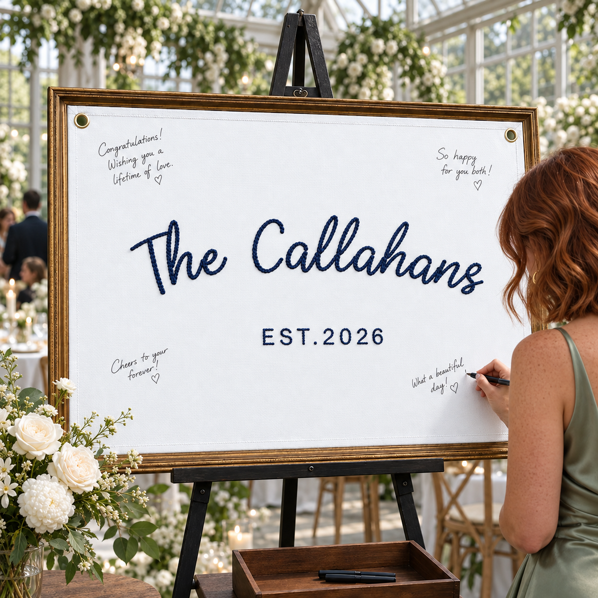 Personalized Wedding Flag, Custom Last-Name Guest-Book Banner with Lace Trim, Established Family Canvas Reception Sign Decor, Last Name Flag
