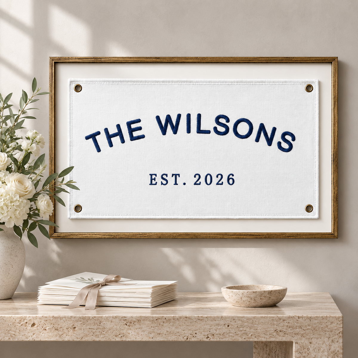 Personalized Wedding Flag, Custom Last-Name Guest-Book Banner with Lace Trim, Established Family Canvas Reception Sign Decor, Last Name Flag