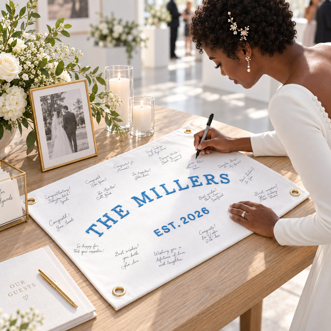 Personalized Wedding Flag, Custom Last-Name Guest-Book Banner with Lace Trim, Established Family Canvas Reception Sign Decor, Last Name Flag