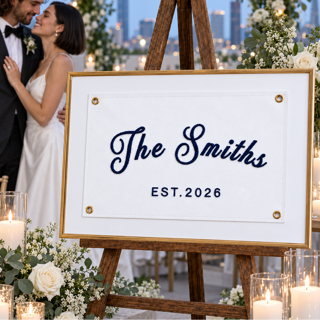 Personalized Wedding Flag, Custom Last-Name Guest-Book Banner with Lace Trim, Established Family Canvas Reception Sign Decor, Last Name Flag