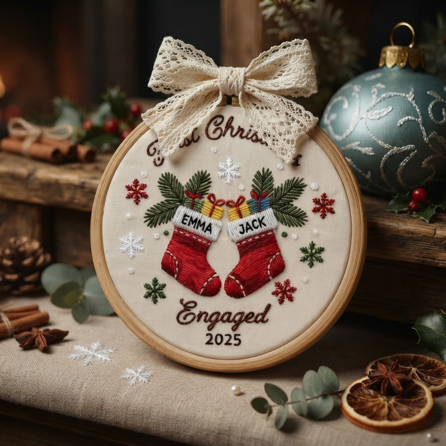 First Christmas Engaged Ornament, Personalized Engagement Gift, Custom Holiday Decor Keepsake, Engaged Christmas Hoop Ornament,Marriage Hoop