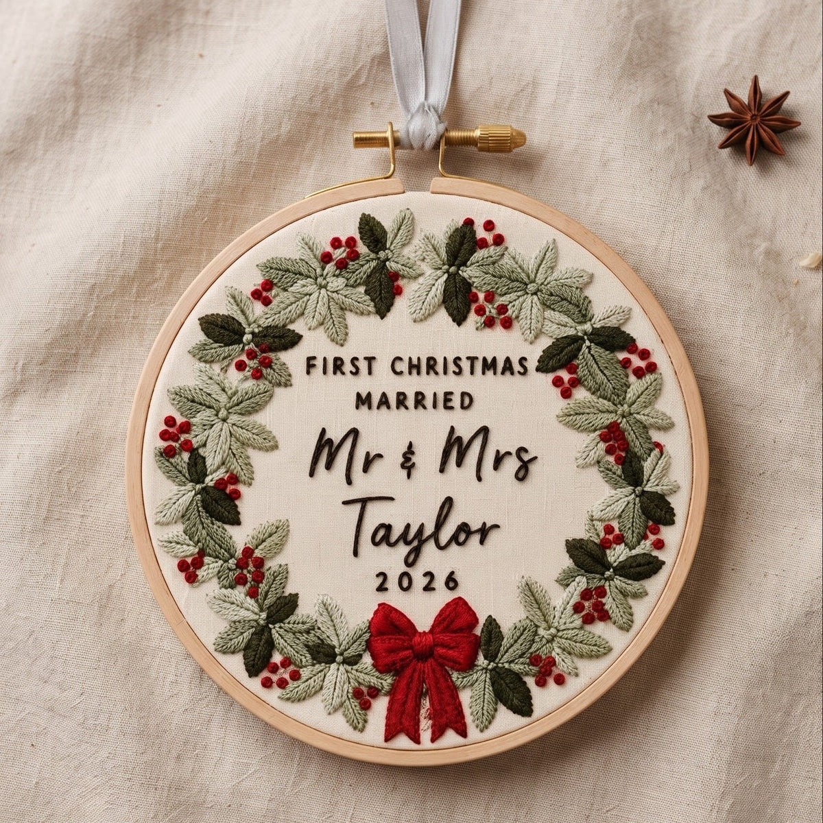 Personalized First Christmas Married Embroidery Hoop Ornament, Mr & Mrs Christmas Keepsake, Newlywed Wedding Gift