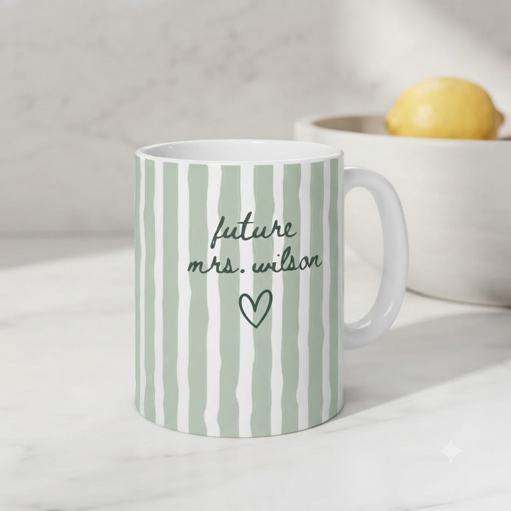 Personalized Striped Future Mrs Mug & Ornament – Custom Coffee Mug, Accent Mug, Bride-to-Be Engagement & Bridal Shower Gift