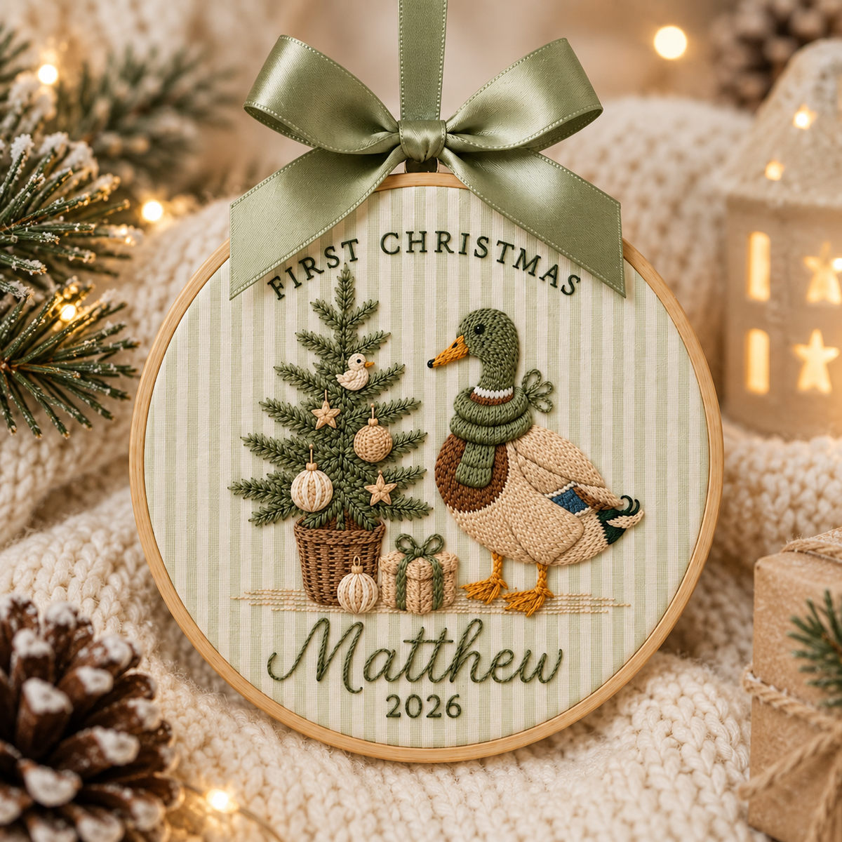 Personalized Mallard Duck Ornament, Embroidered Christmas Tree First Christmas Baby Name Hoop, Baby 1st Christmas Ornament, Baby Shower Gift