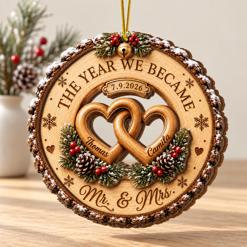 Custom Couple Wedding Anniversary 2Layer Wooden Ornament, First Christmas Wood Ornament, The Year We Became Mr Mrs Ornament, Wedding Gift