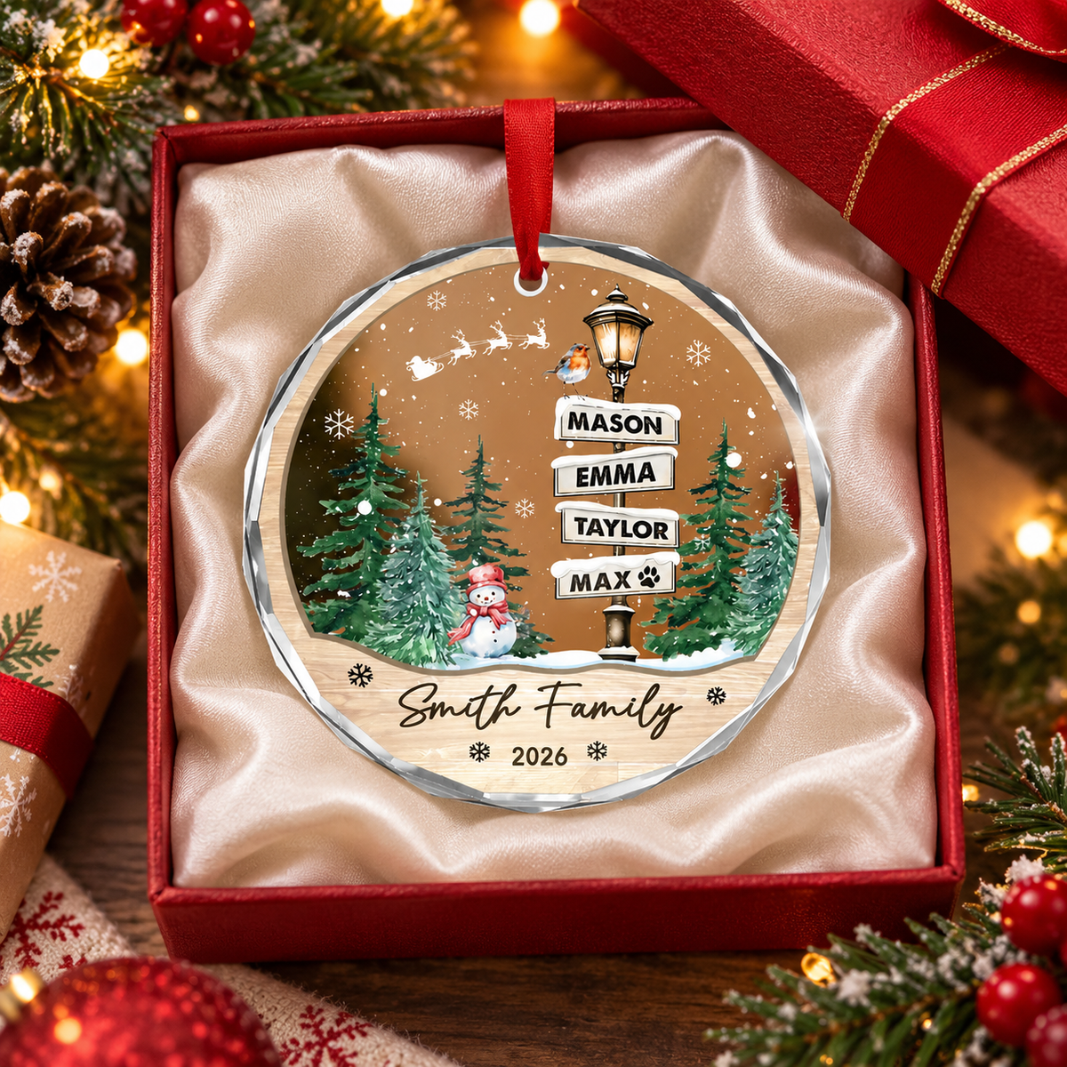 Personalized Family Christmas Ornament, Custom Name List Family Name & Year Holiday Keepsake, Christmas Tree Gift for Family & Pets