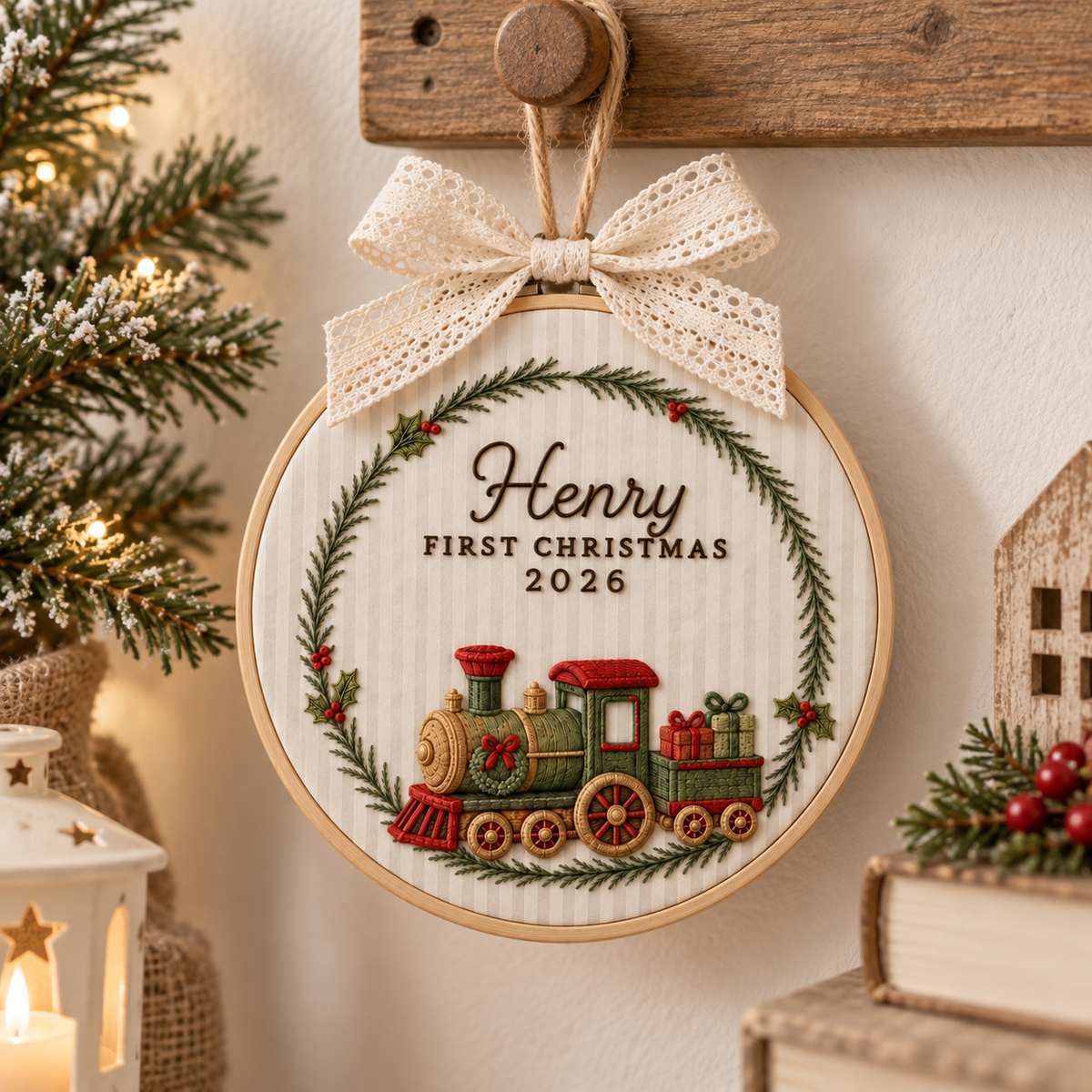 Personalized Train Wreath Ornament, Embroidered Train Baby First Christmas Name Hoop, Baby 1st Christmas Ornament, Baby Shower Gift