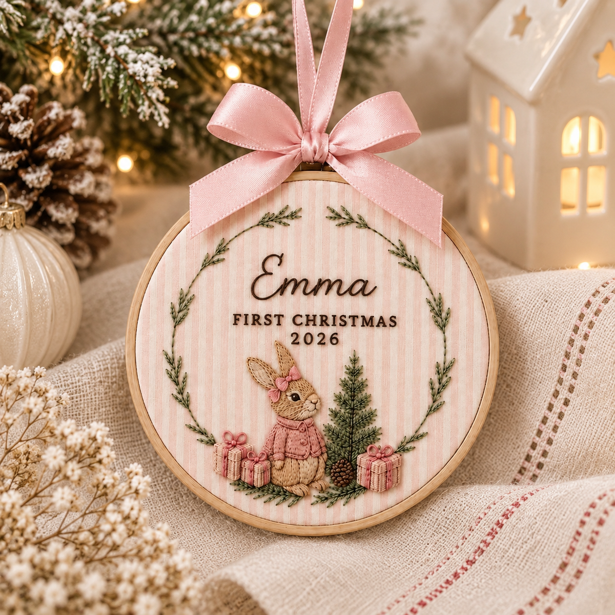 Personalized Bunny Wreath Ornament, Embroidered Bunny Baby First Christmas Name Hoop, Baby 1st Christmas Ornament, Baby Shower Gift