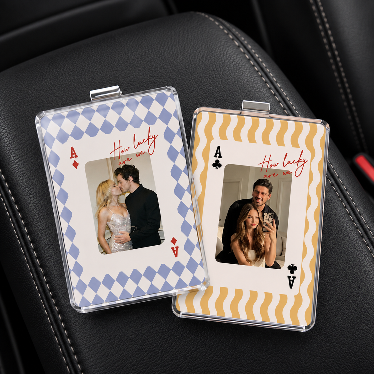 Personalized Striped Play Card Sun Visor Clip With Photo, Custom Couples Photo Car Visor Clip, Drive Safe Gift For Boyfriend, Husband